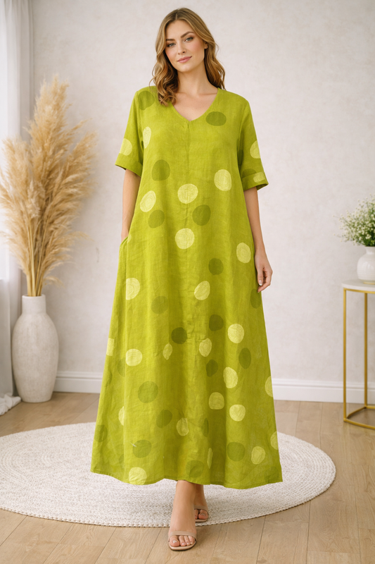 Green Linen Polka Dot Maxi Dress