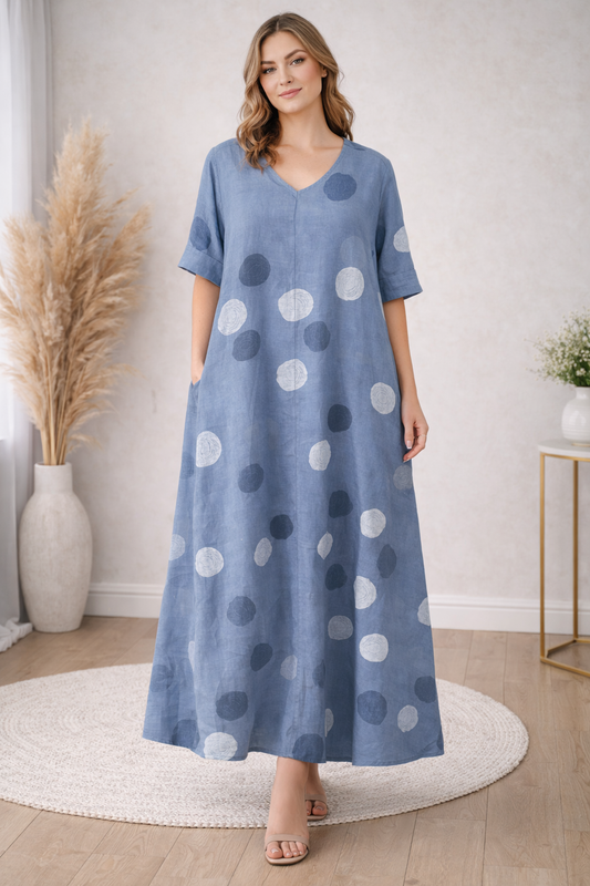 Blue Linen Polka Dot Maxi Dress