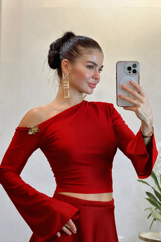 Red Satin One-Shoulder Blouse with Flared Sleeve