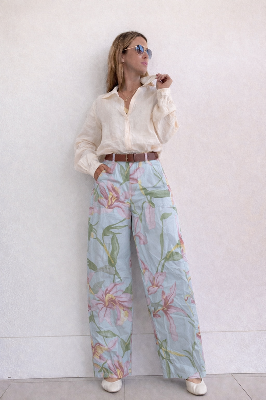 Italian Floral Blue High-Waisted Pants
