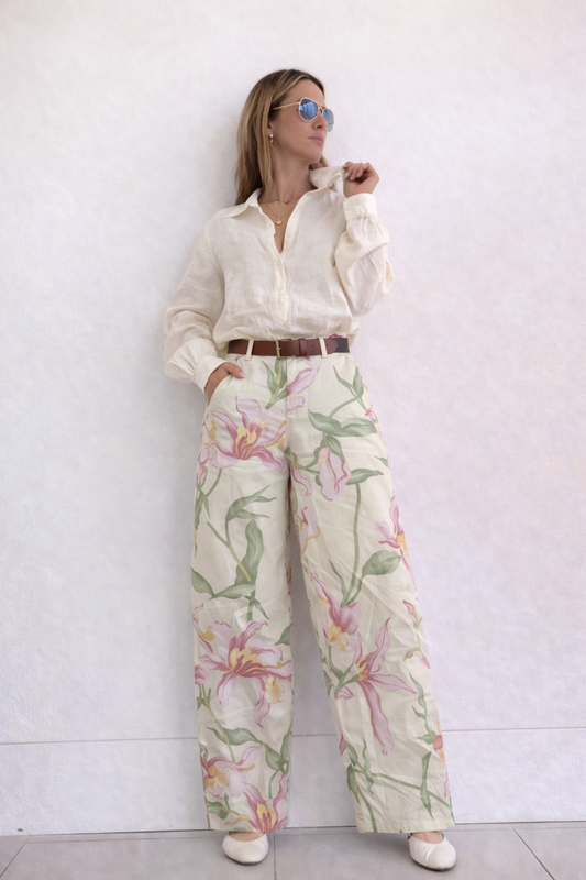 Italian Floral Yellow High-Waisted Pants