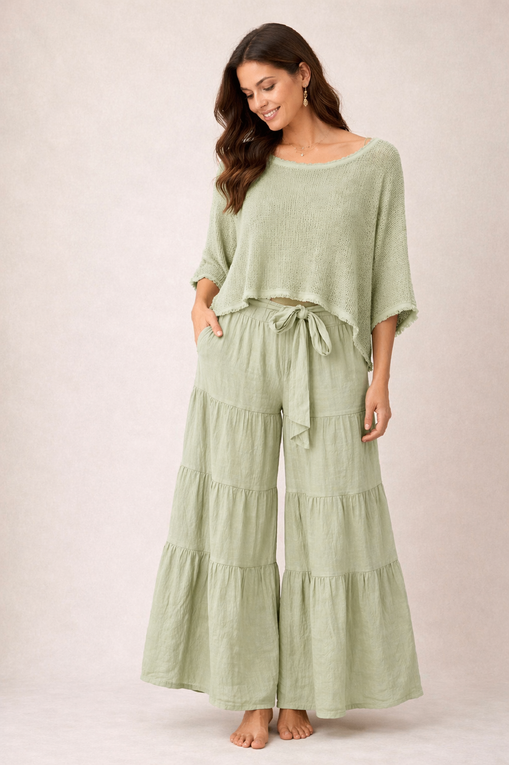 Italian Green Set with Knit Top and Wide-Leg Palazzo Pants