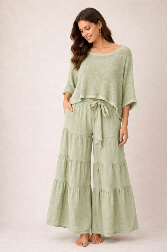Italian Green Set with Knit Top and Wide-Leg Palazzo Pants