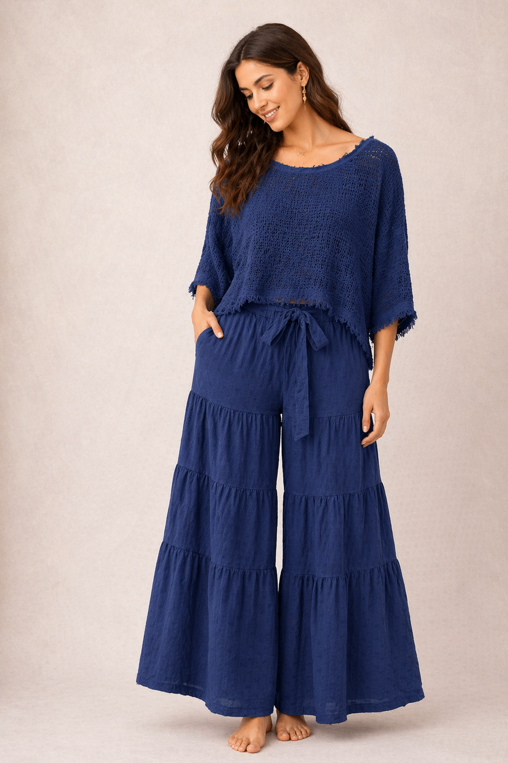 Italian Navy Set with Knit Top and Wide-Leg Palazzo Pants