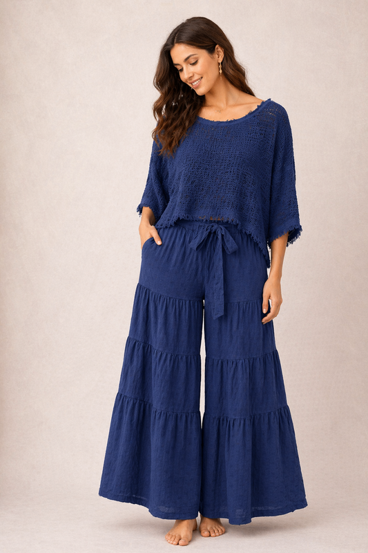 Italian Navy Set with Knit Top and Wide-Leg Palazzo Pants
