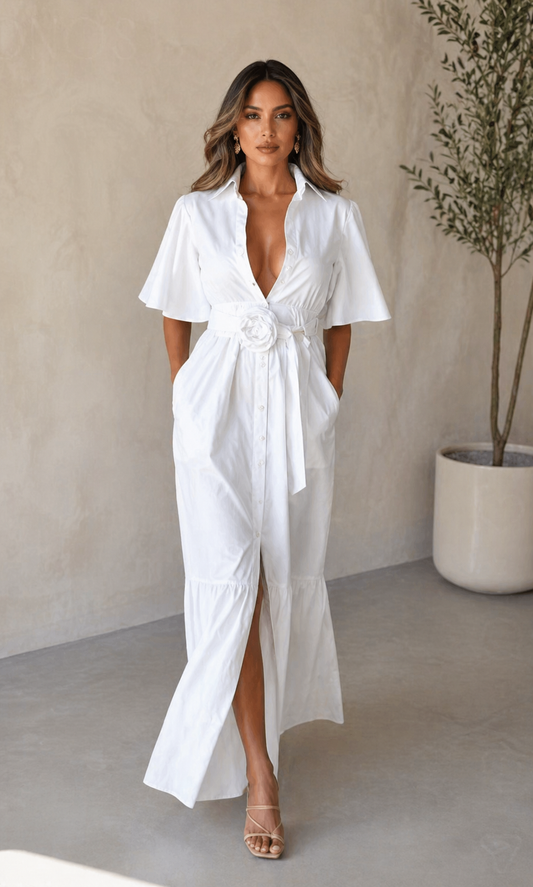 White Dress With Flowers Belt