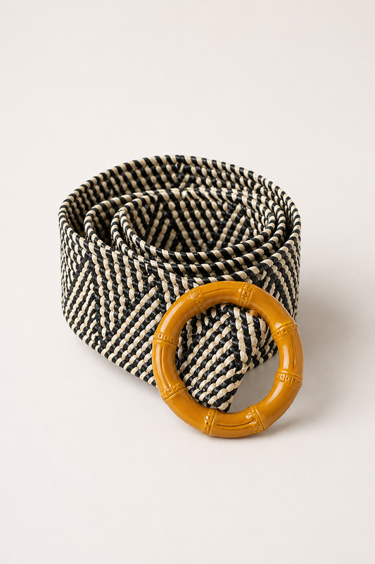 Black And Beige Woven Belt with Bamboo Buckle