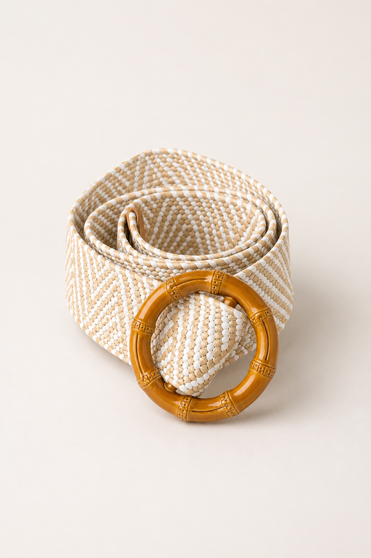 White And Beige Woven Belt with Bamboo Buckle