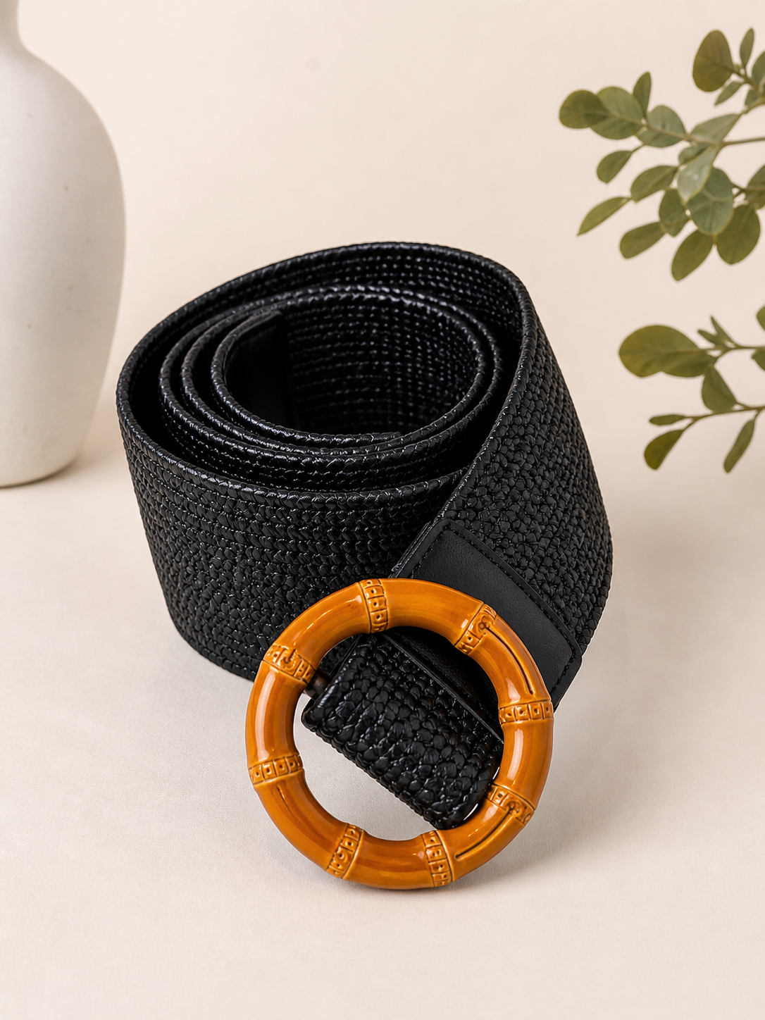 Black Woven Belt with Bamboo Buckle