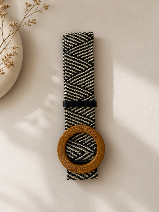 Elegant White and Black Belt with Circle Buckle