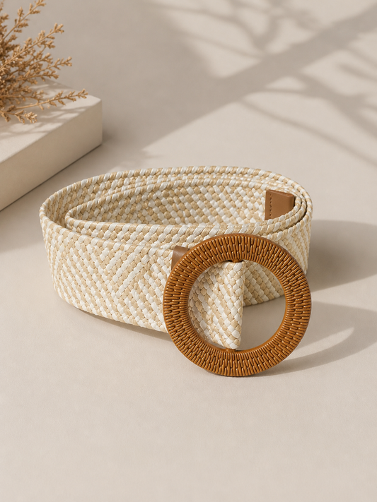 Elegant White and Beige Belt with Circle Buckle