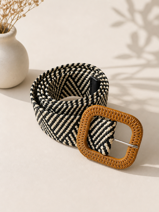Elegant Black and White Belt with Square Buckle