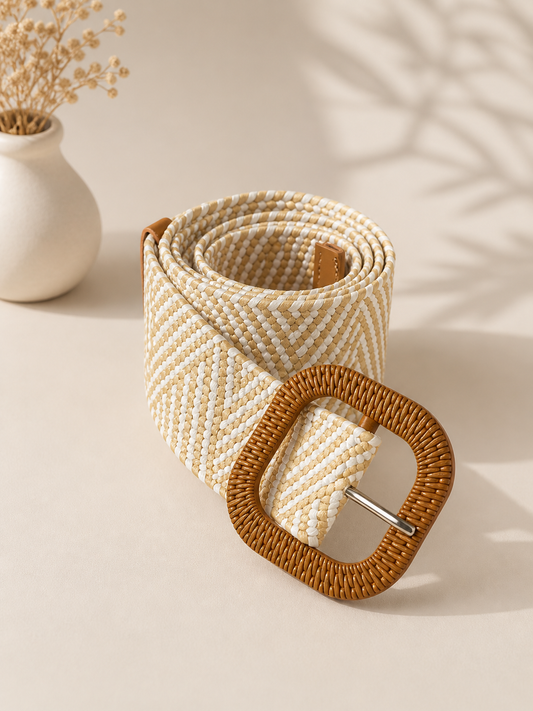 Elegant Beige and White Belt with Square Buckle