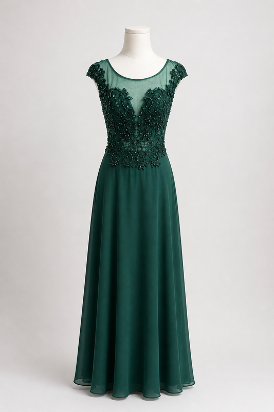 Emerald A-Line Maxi Dress with Intricate Lace Top