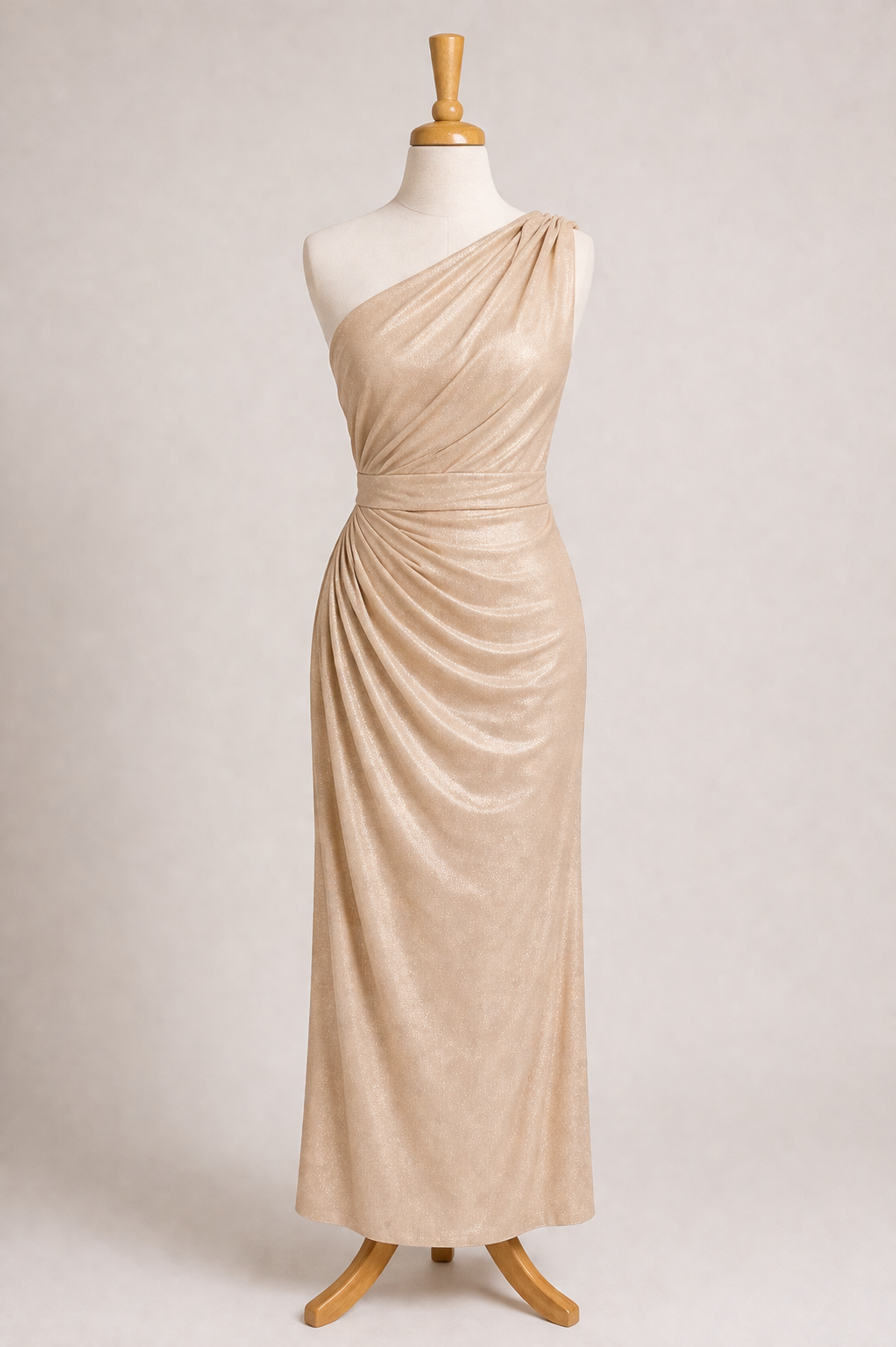 One Shoulder Satin Elegance Dress– Beige