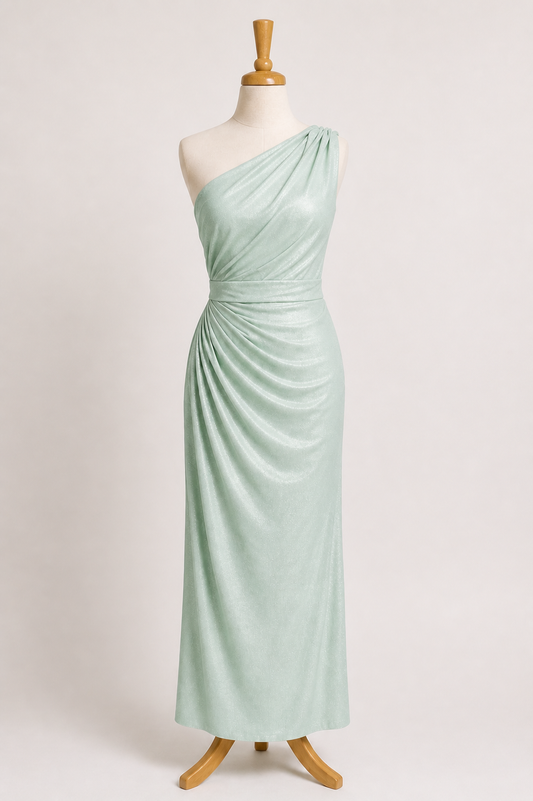 One Shoulder Satin Elegance Dress– Mint Green