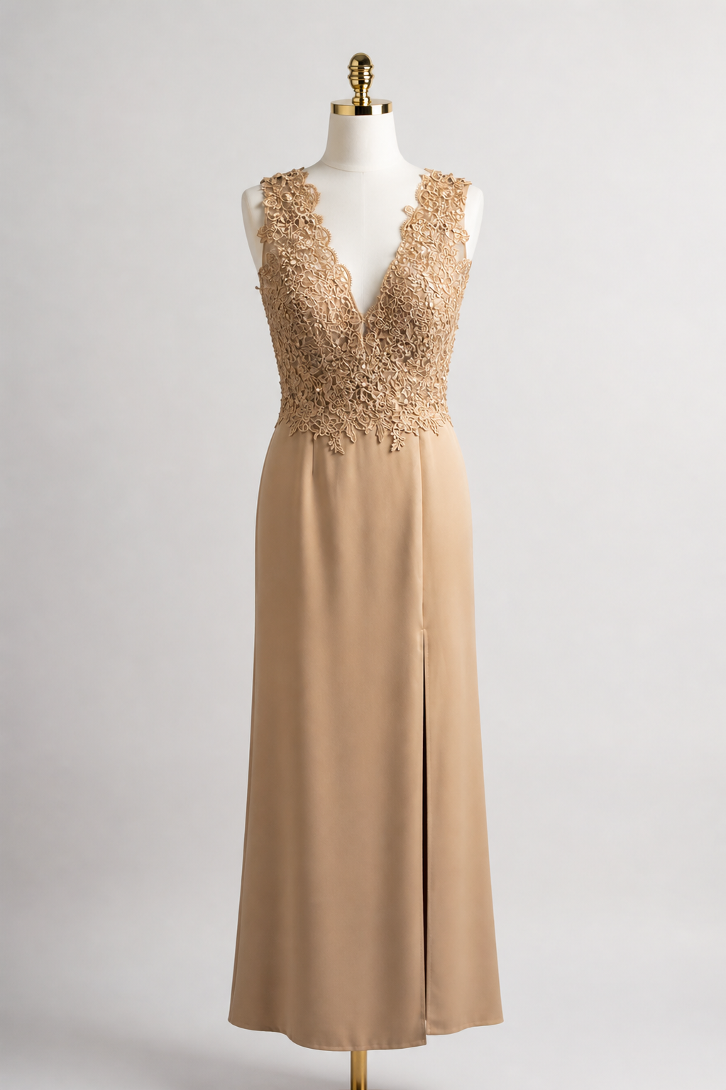 Elegant Beige Lace Gown with Deep V-Neckline
