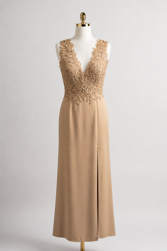 Elegant Beige Lace Gown with Deep V-Neckline