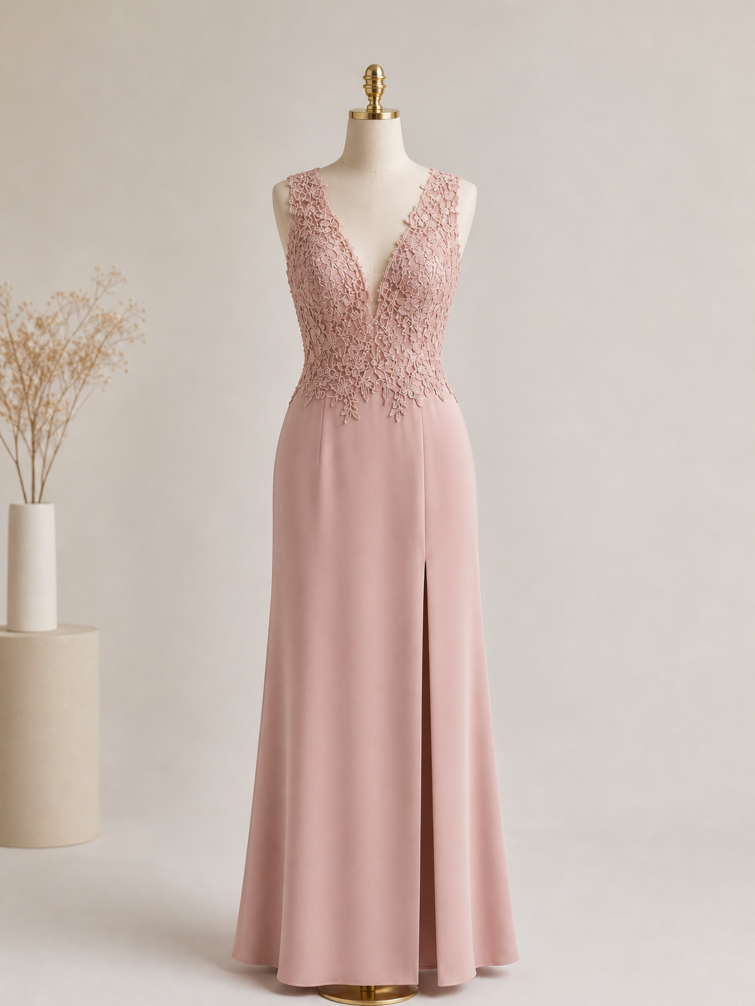 Elegant Dusty Rose Lace Gown with Deep V-Neckline
