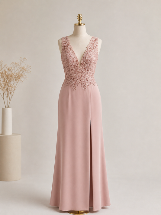 Elegant Dusty Rose Lace Gown with Deep V-Neckline