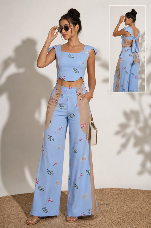 Blue Printed Set with Wide-Leg Pants and Open Tie-Back Top
