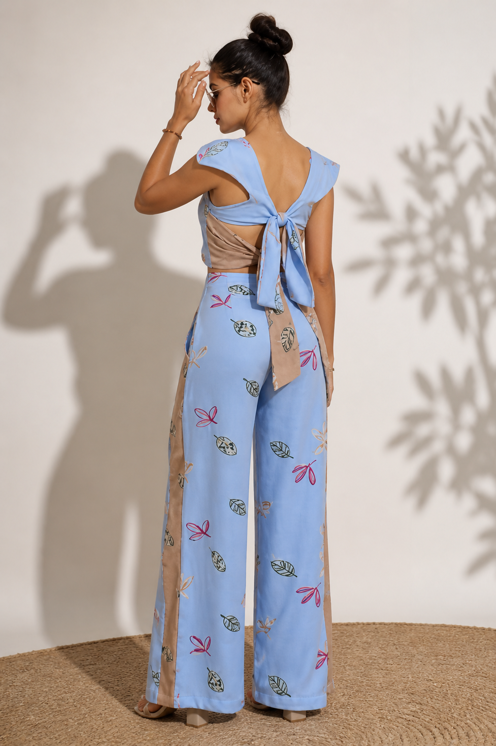 Blue Printed Set with Wide-Leg Pants and Open Tie-Back Top