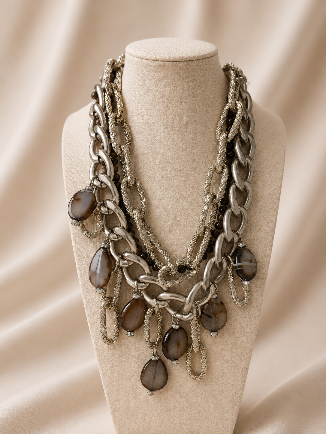 Double silver chain necklace with gray stone pendant