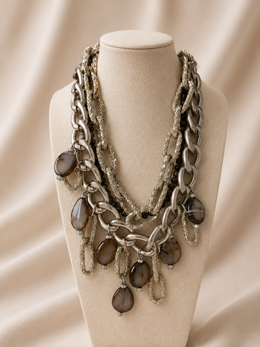 Double silver chain necklace with gray stone pendant
