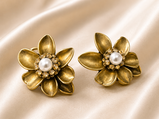 Gold Flower With Swarovski Earring