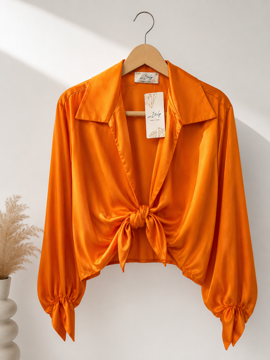 Orange Satin Blouse With Front Knot-OS