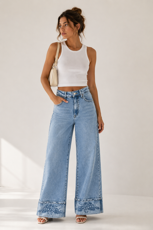 Floral Hem Wide Jeans