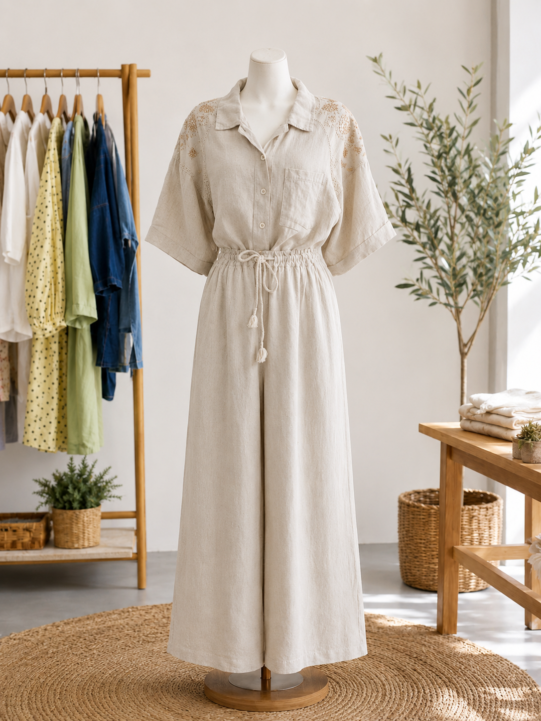 Beige Set with Blouse and Pant-One Size