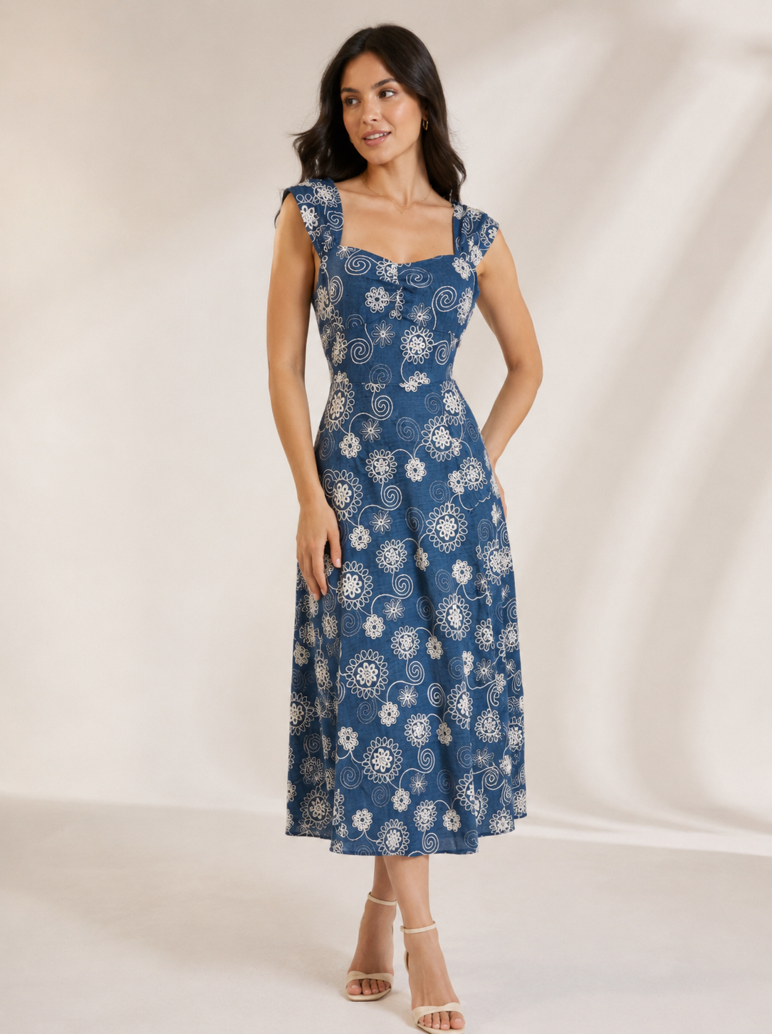 Denim Dress With White Embroidery