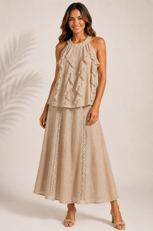 Halter Beige Top and Skirt Set