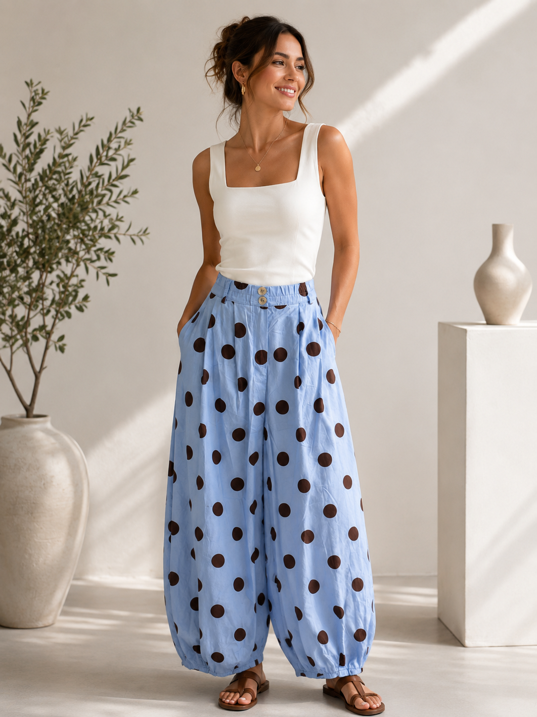 Blue Polka Dot Barrel Pant