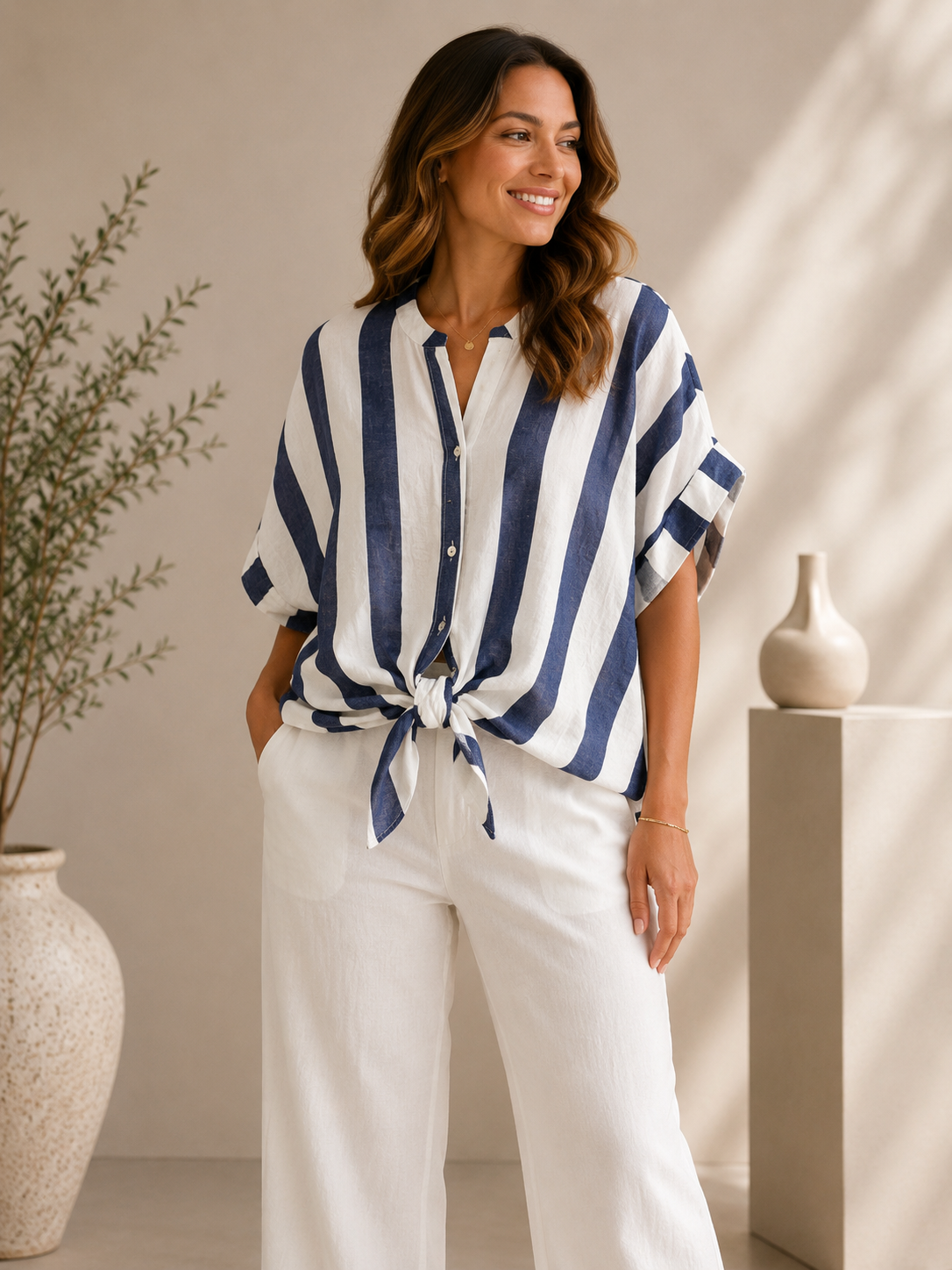 White and Navy Stripe Blouse