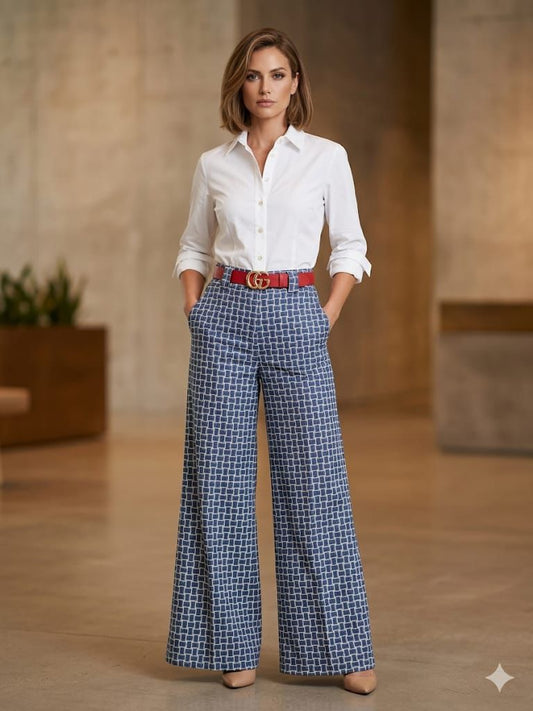 Blue Check Pants With Red Belt