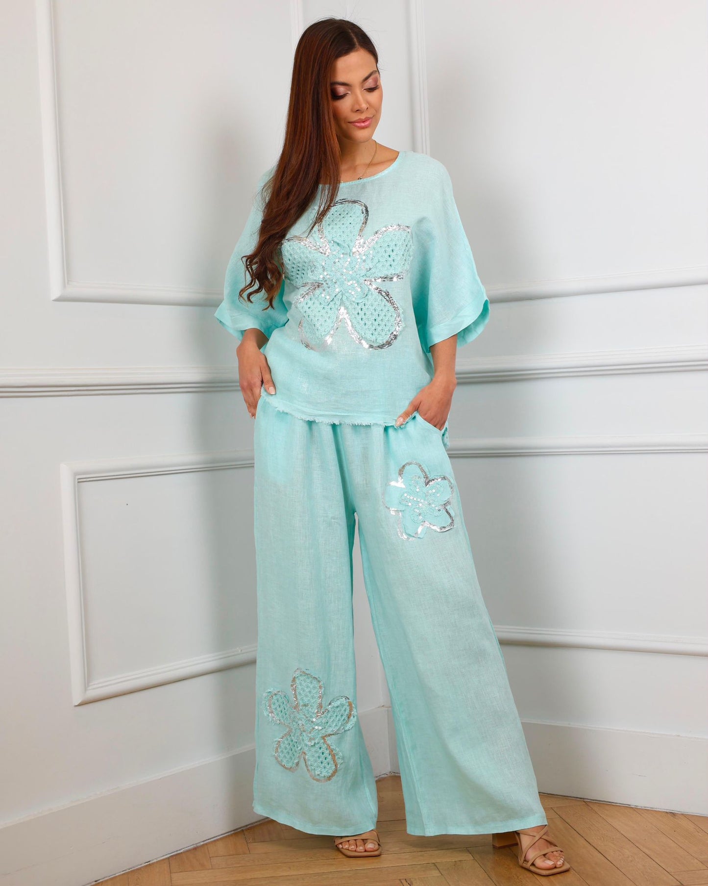 Aqua Blossom Italian Linen Set