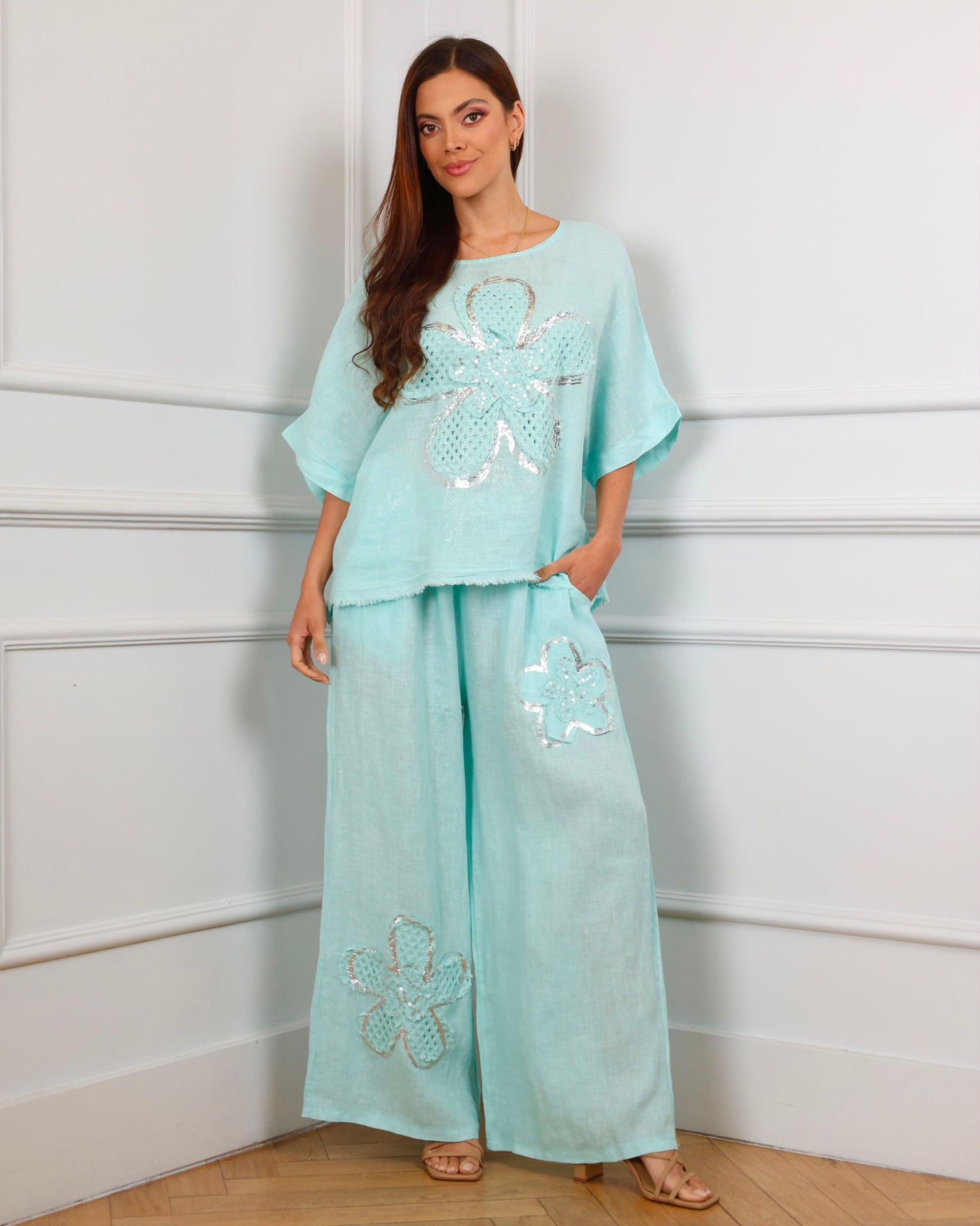 Aqua Blossom Italian Linen Set