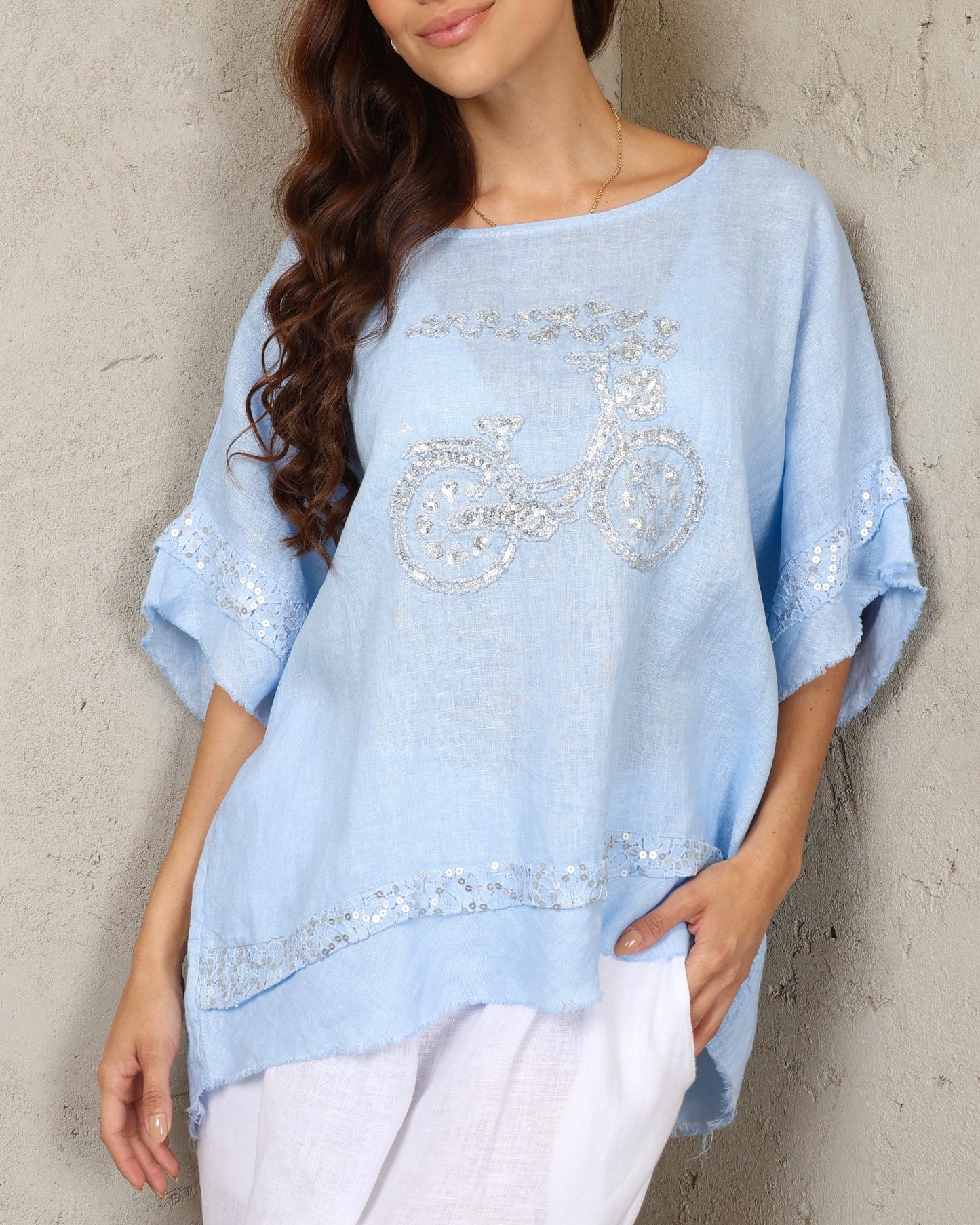 Sky Italian Linen Sequin Bicycle Top