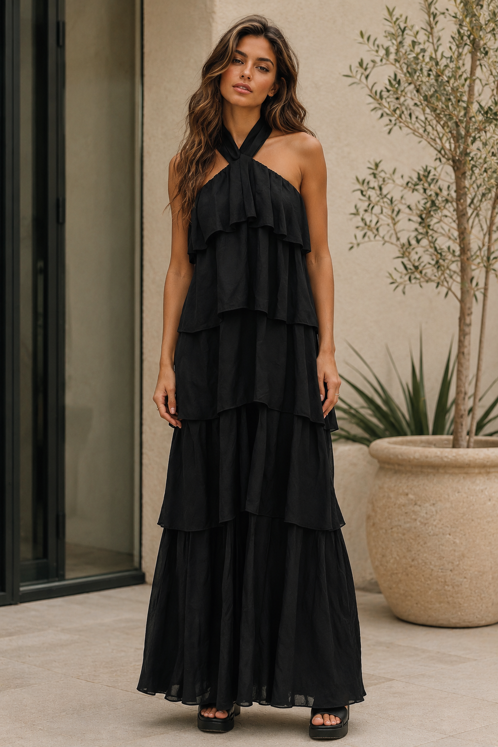 Ruffles Italian Dress in Black Halter