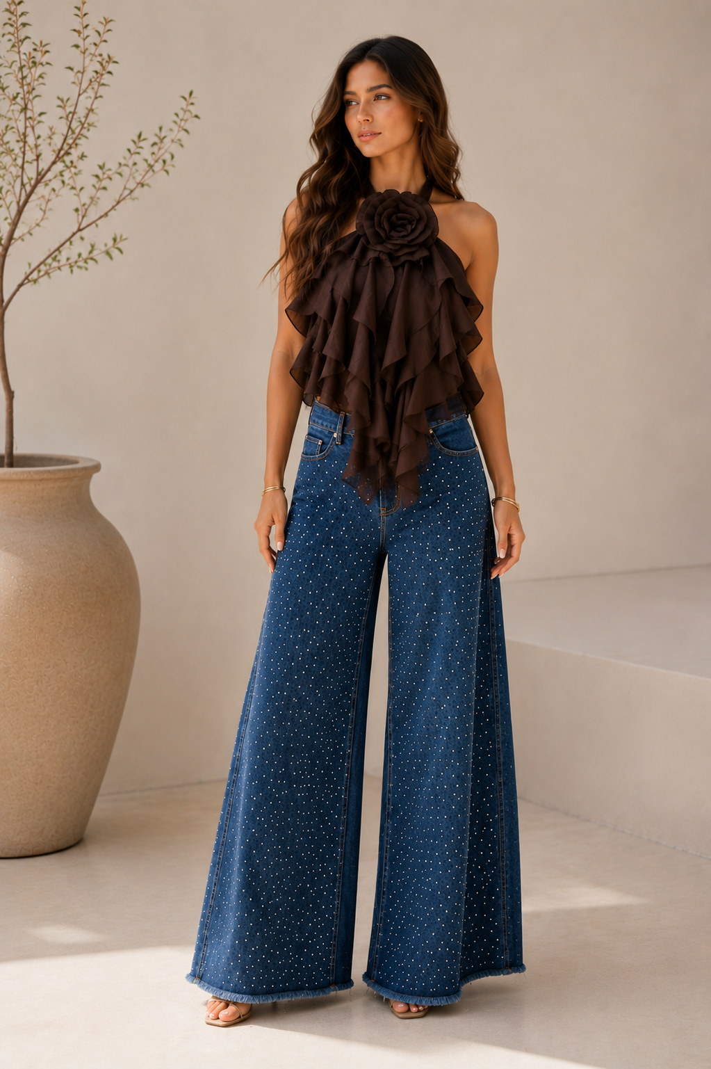 Brown Bloom Ruffle Top