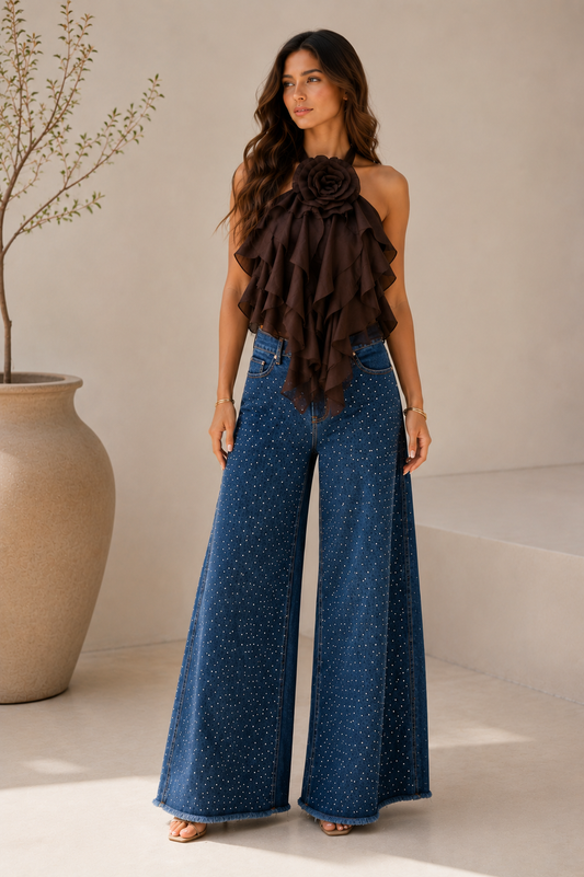 Italian Brown Bloom Ruffle Top