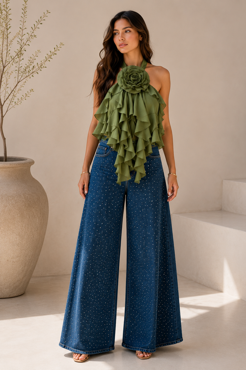 Green Bloom Ruffle Top