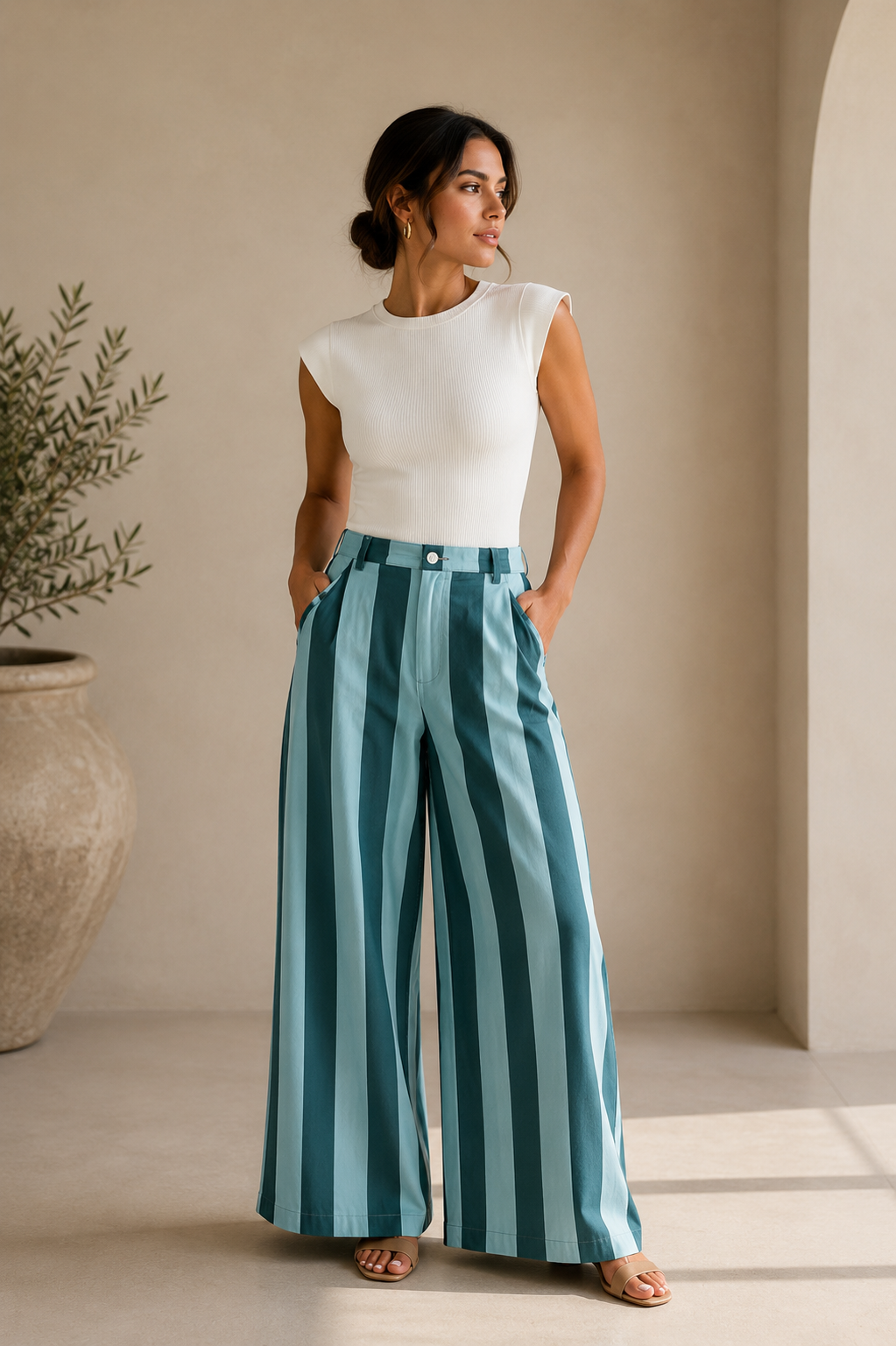 Italian Wide Stripe Pants Teal