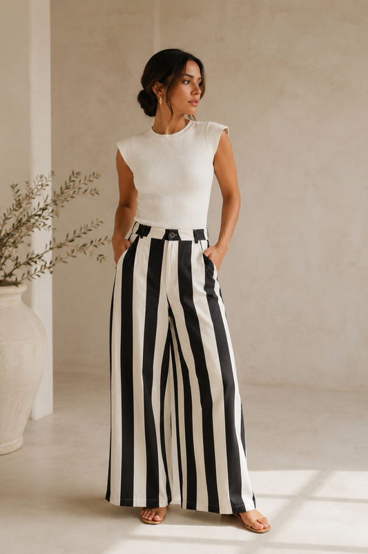 Italian Wide Stripe Pants Black and White