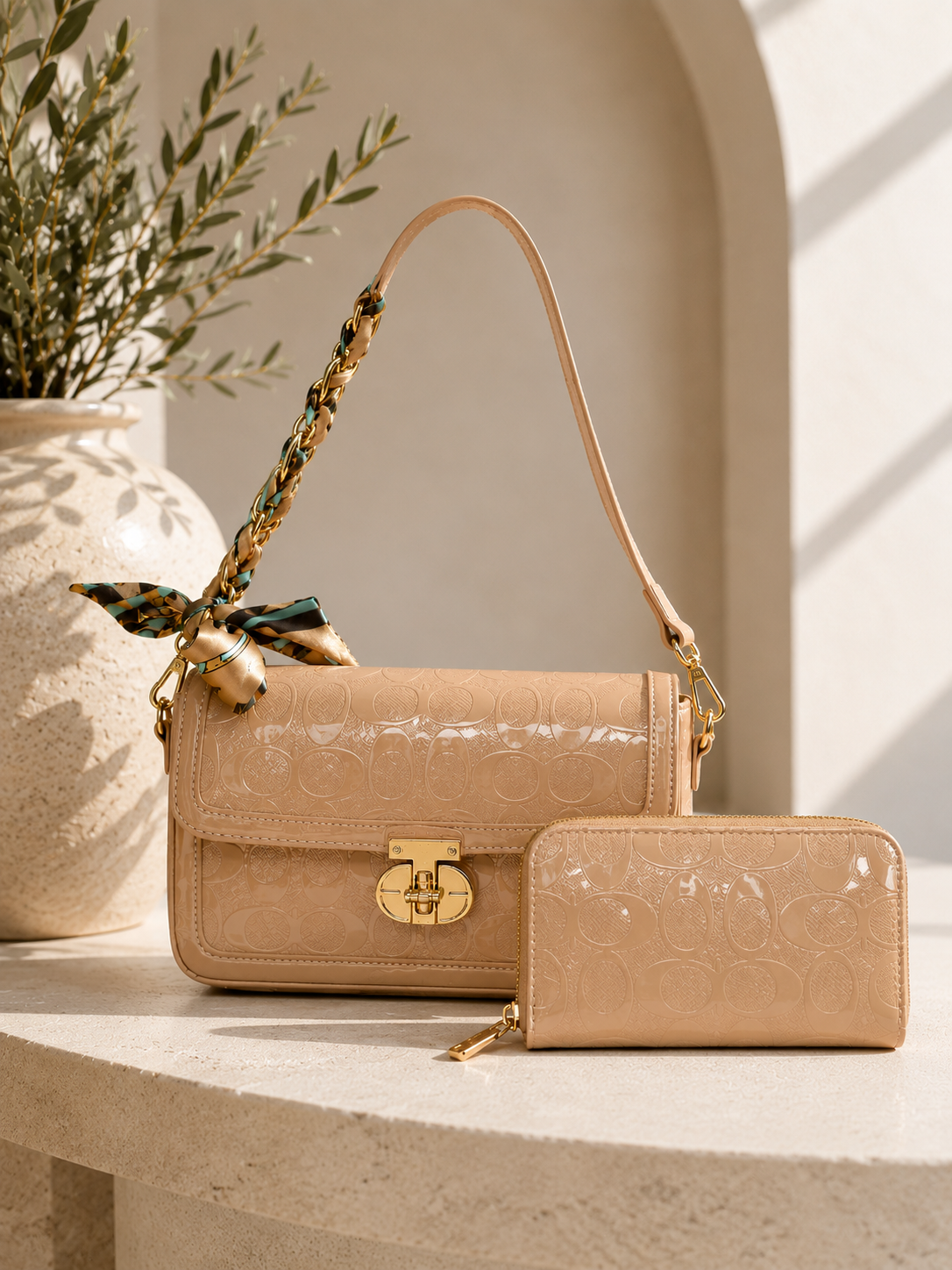 Beige Gloss Handbag Set