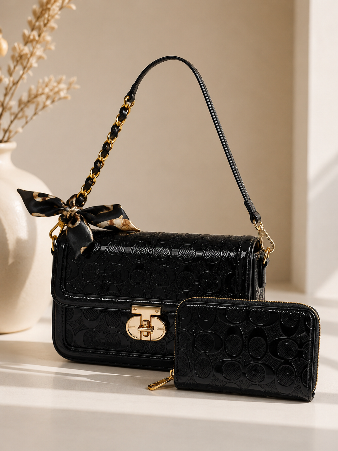 Black Gloss Handbag Set