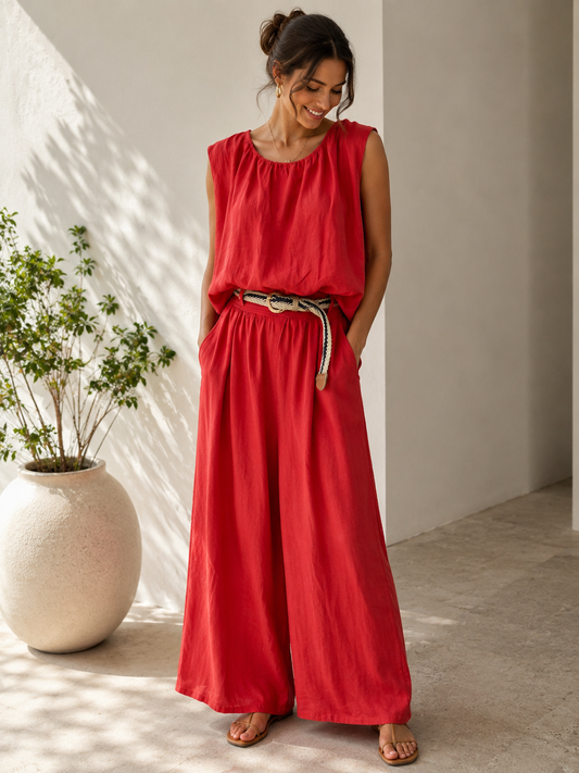 Italian Linen Wide-Leg Set – Red