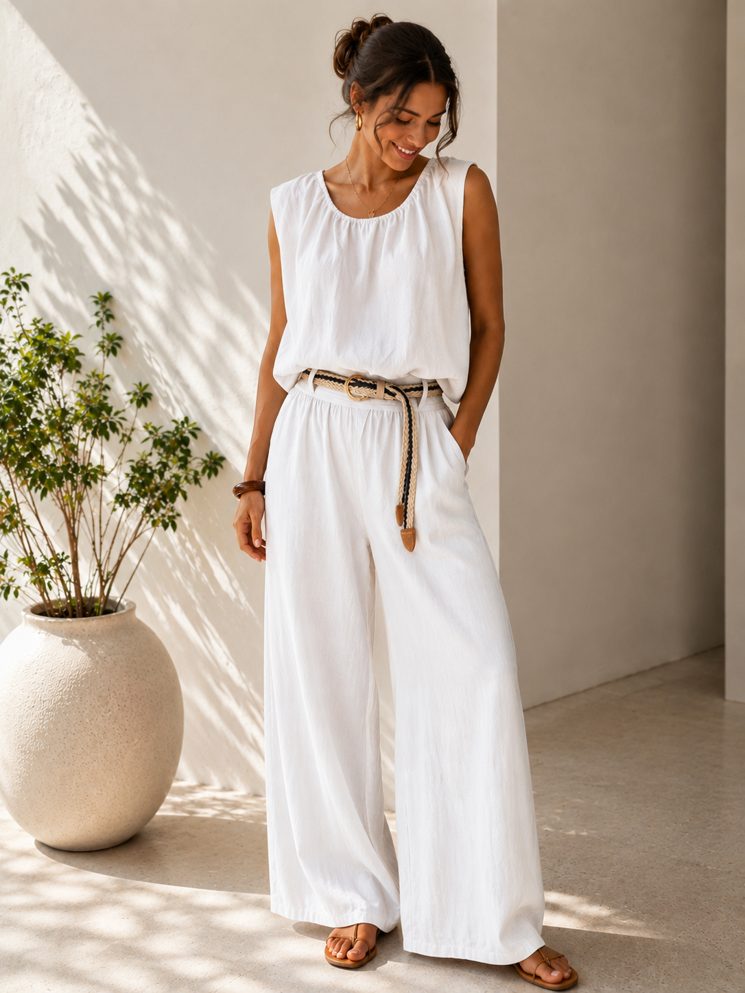 Italian Linen Wide-Leg Set- White